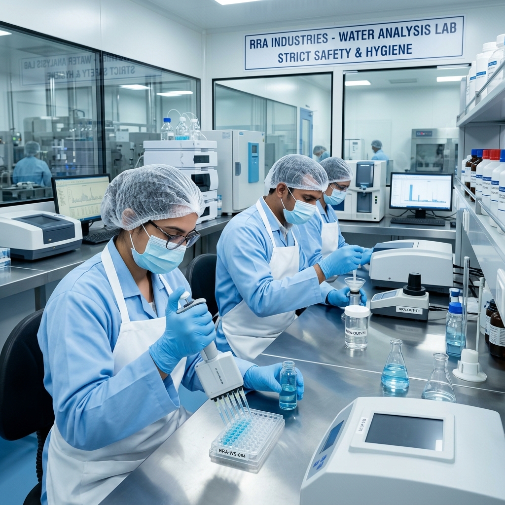 Laboratory personnel in safety gear at Banarasi Jal production site